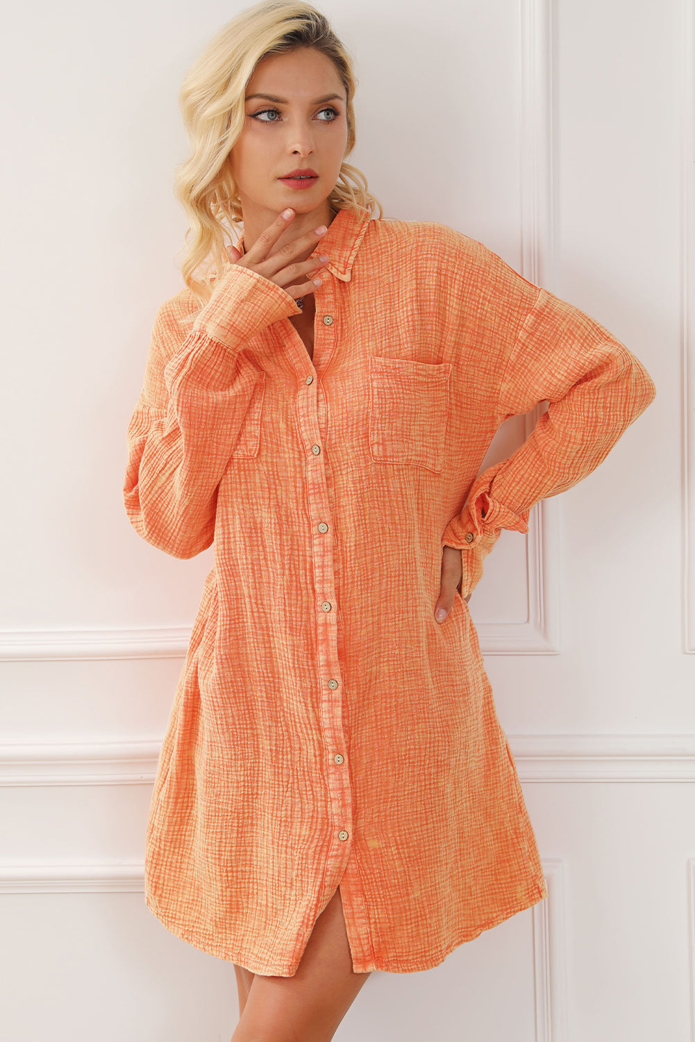 Orange Crinkled Dual Chest Pocket Oversized Shirt Dress