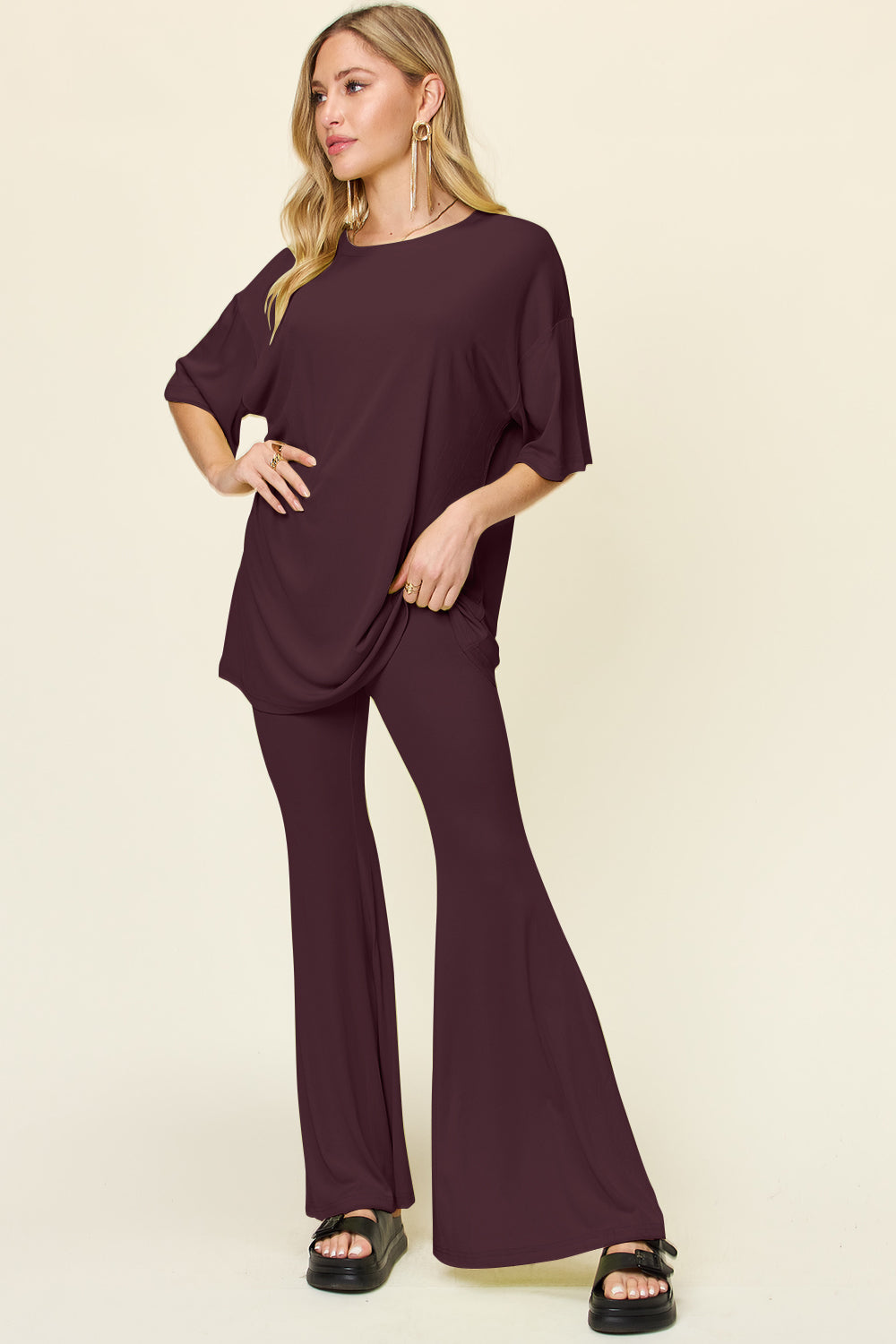 Drop Shoulder T-Shirt and Flare Pants Set