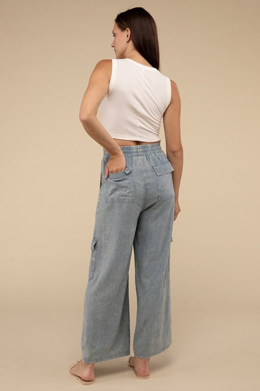 Zenana Washed Linen Elastic Band Waist Cargo Pants