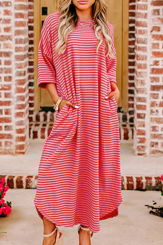 Strawberry Pink Striped Drop Sleeve Loose Dress