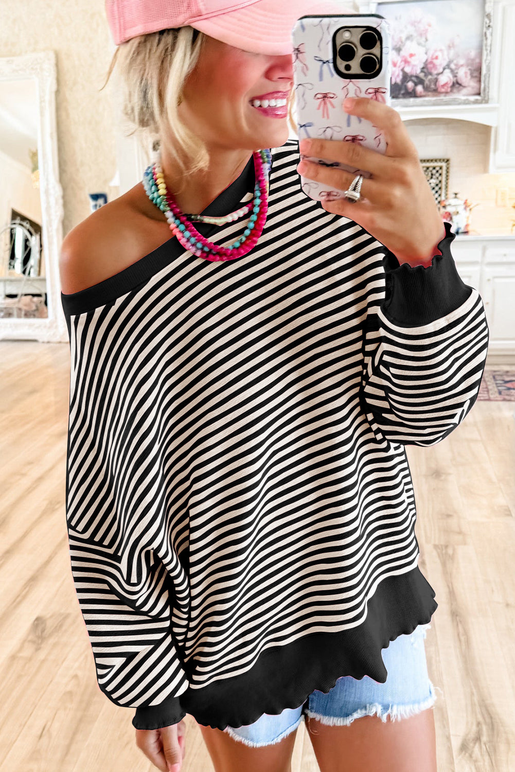 Pink Stripe Drop Shoulder Long Sleeve Top