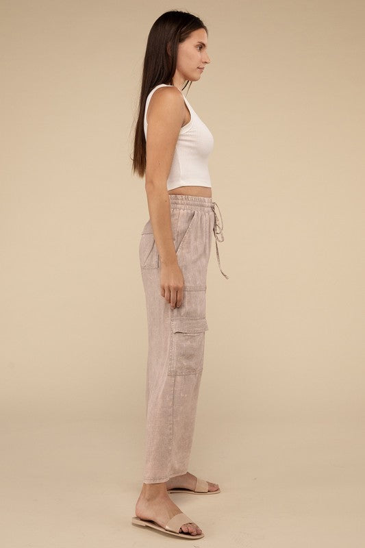 Zenana Washed Linen Elastic Band Waist Cargo Pants