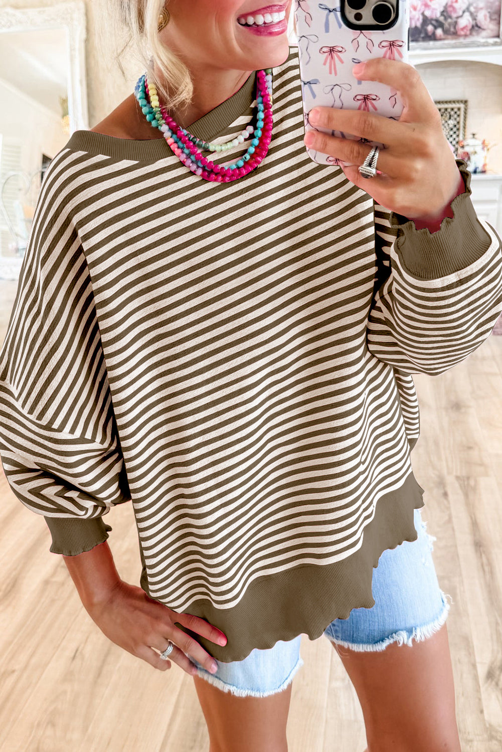 Pink Stripe Drop Shoulder Long Sleeve Top