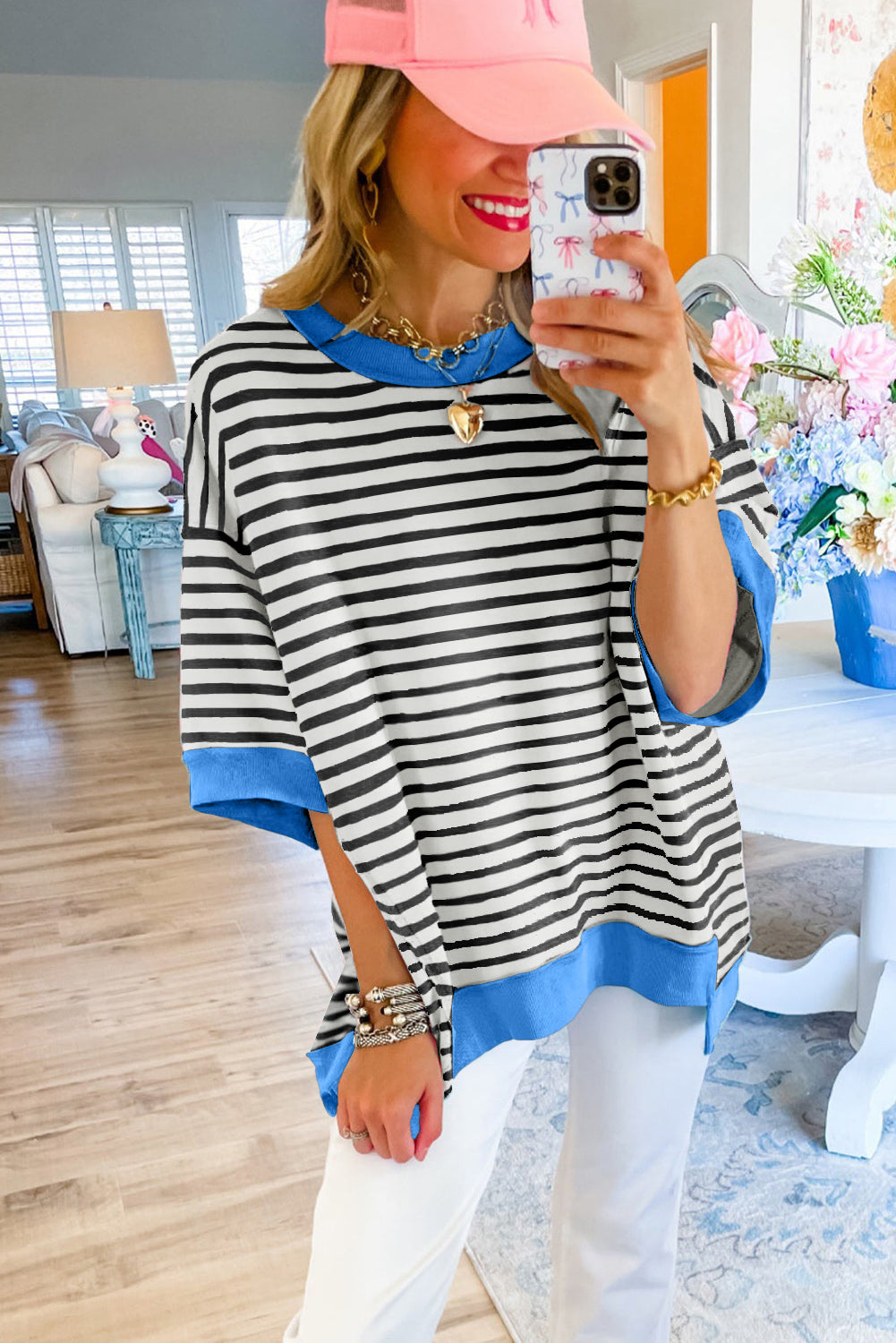 Orange Striped Contrast Trim Drop Sleeve Loose Top