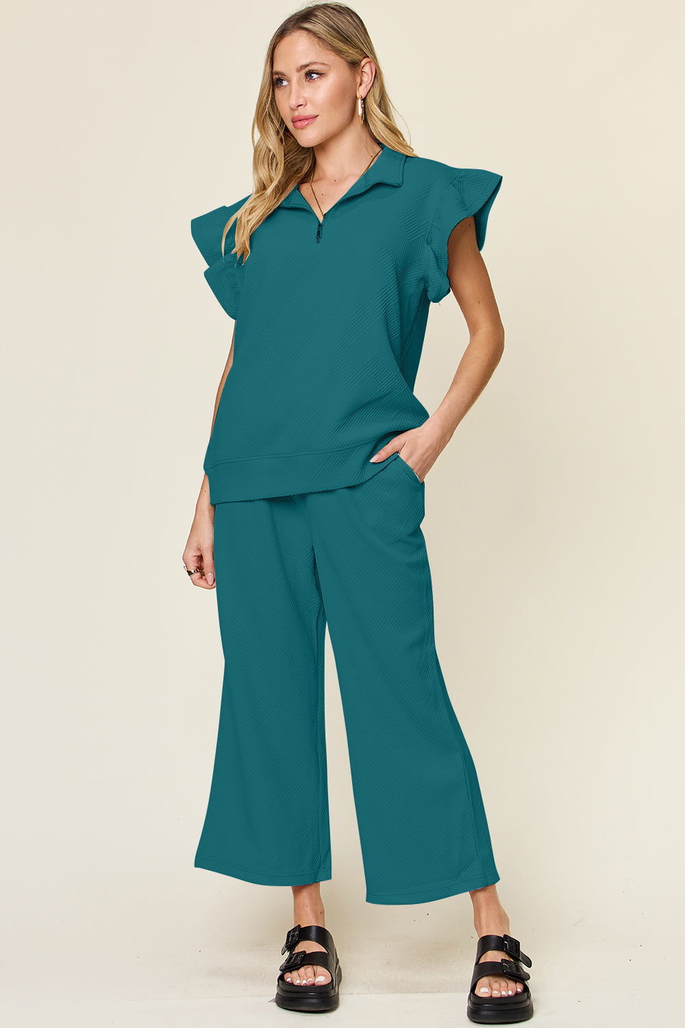 Texture Ruffle Short Sleeve Top and Drawstring Wide Leg Pants Set