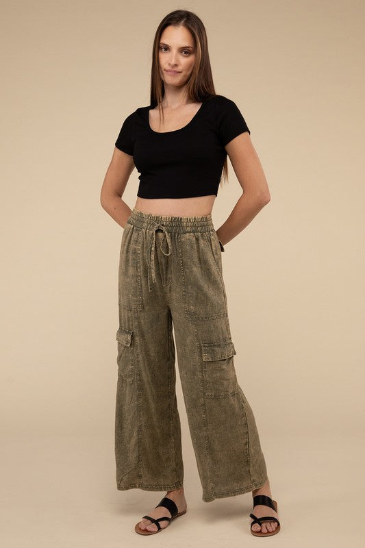 Zenana Washed Linen Elastic Band Waist Cargo Pants