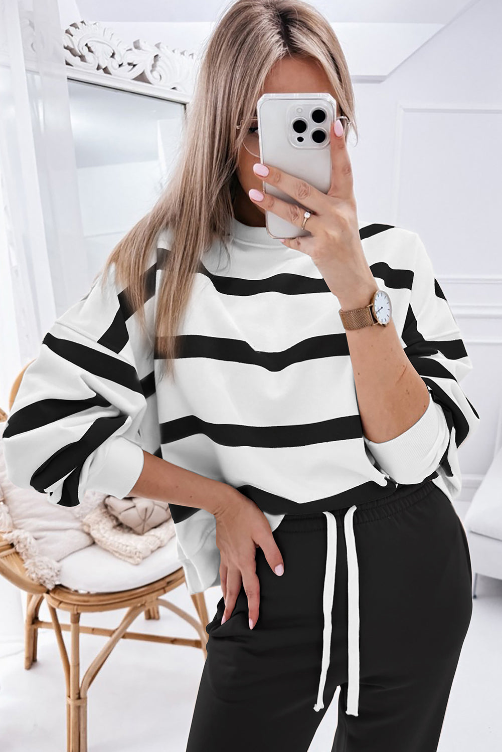 Black Striped Drop Shoulder Pullover and Joggers Set