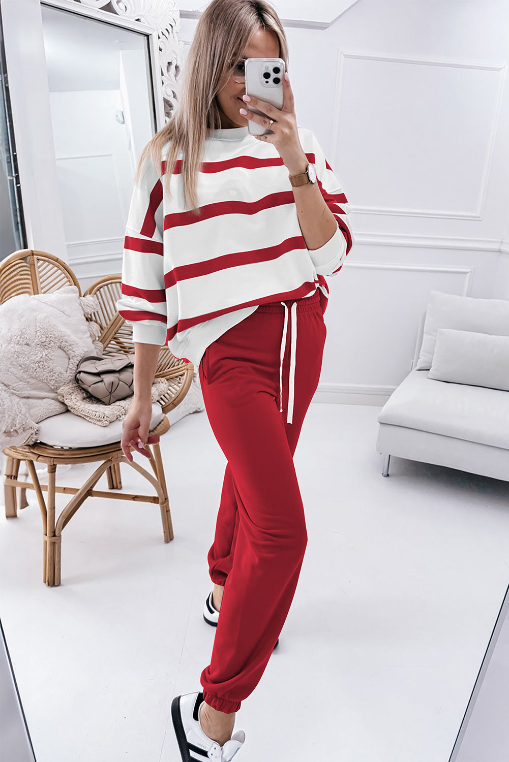 Black Striped Drop Shoulder Pullover and Joggers Set