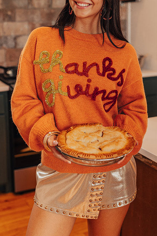 Russet Orange Thanksgiving Tinsel Drop Shoulder Crew Neck Sweater