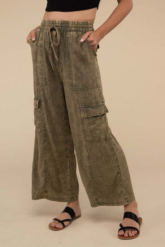 Zenana Washed Linen Elastic Band Waist Cargo Pants