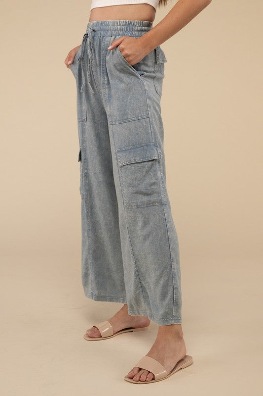 Zenana Washed Linen Elastic Band Waist Cargo Pants