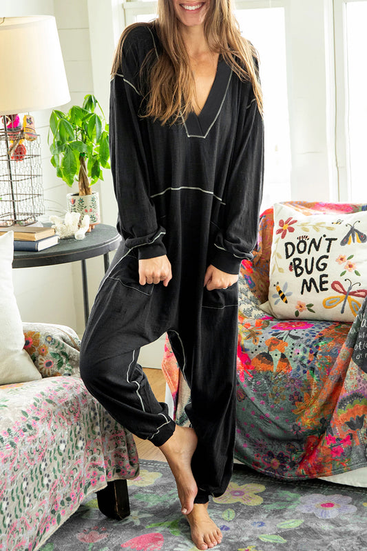 Black Flatlock Seam Detail V Neck Baggy Jumpsuit