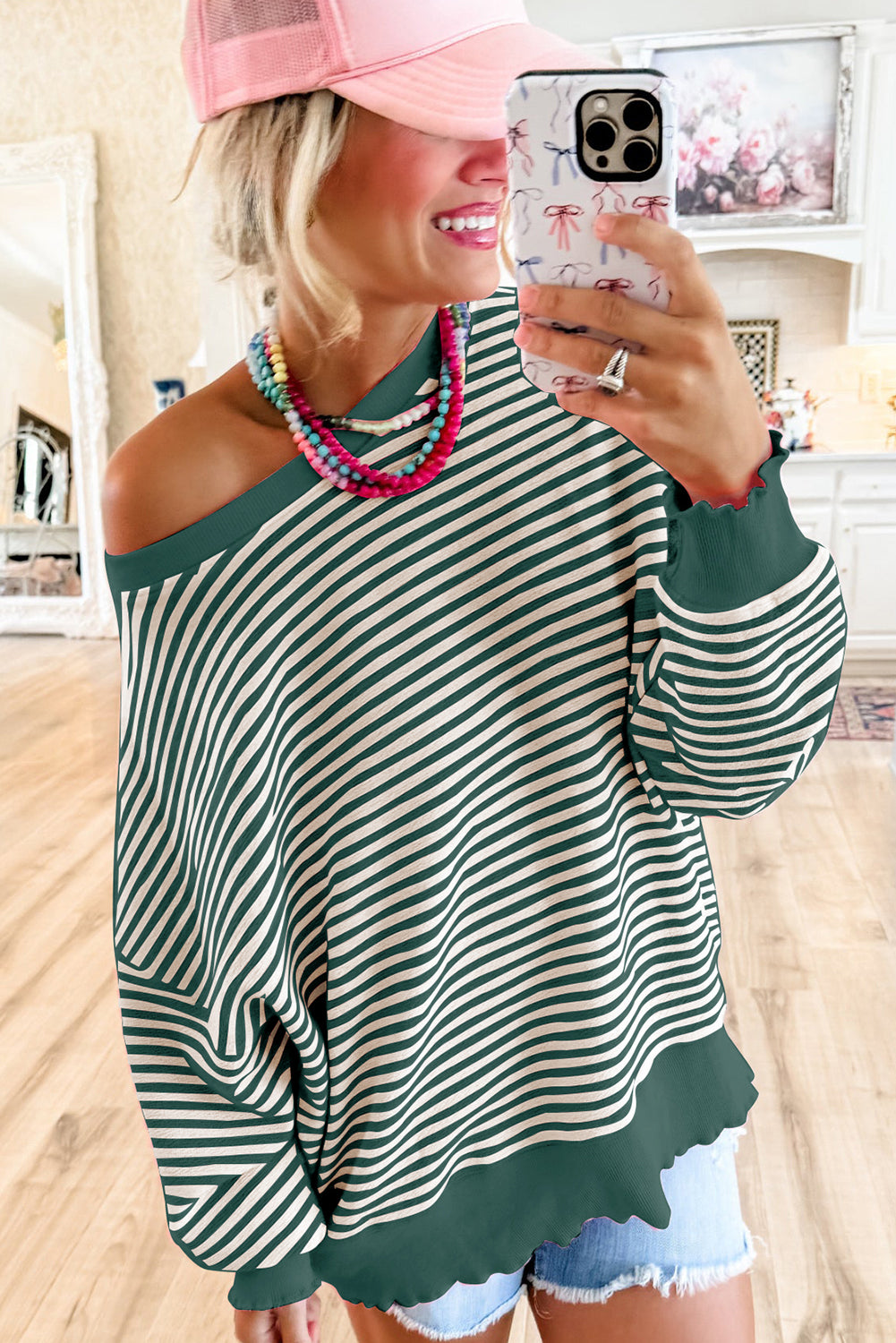 Pink Stripe Drop Shoulder Long Sleeve Top