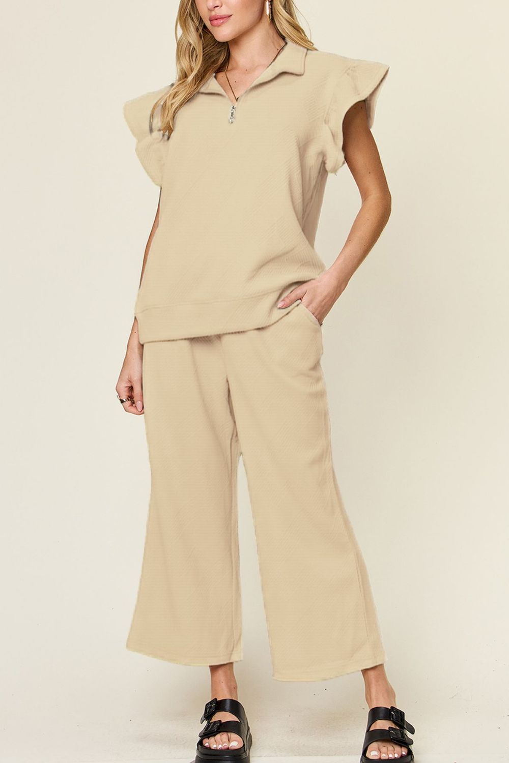 Texture Ruffle Short Sleeve Top and Drawstring Wide Leg Pants Set