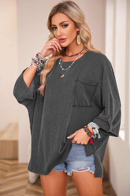 Gray Ribbed Roll-tab Sleeve Chest Pocket Oversize Top