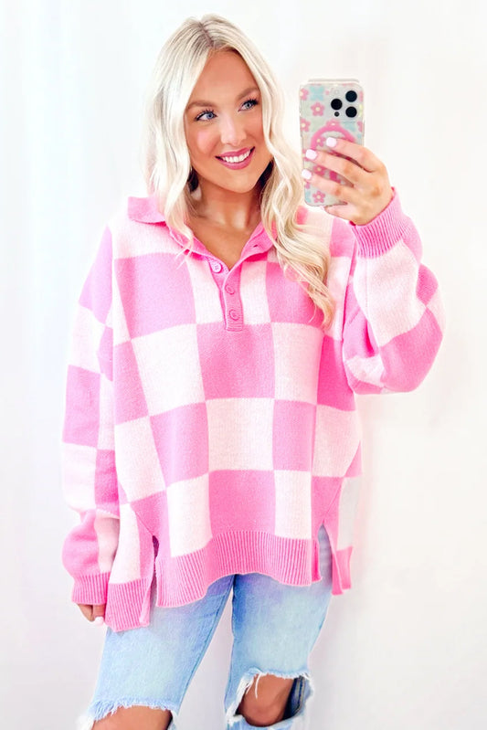 Pink Checkered Button Collared Sweater *Pre-Order*