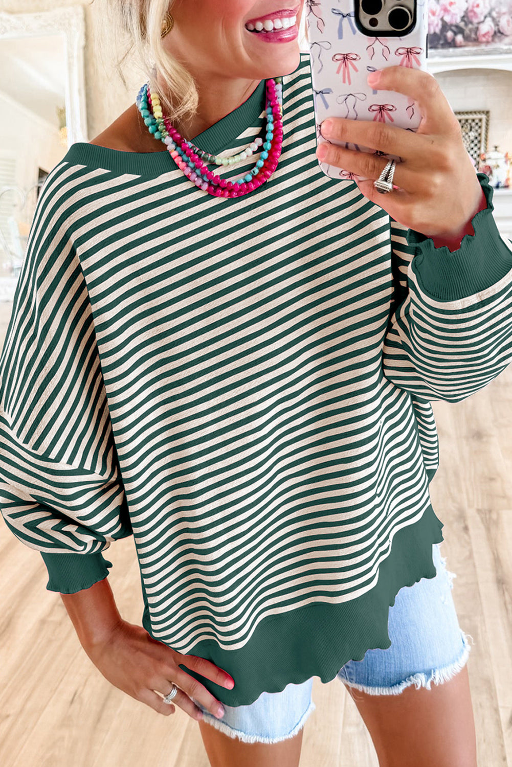 Pink Stripe Drop Shoulder Long Sleeve Top