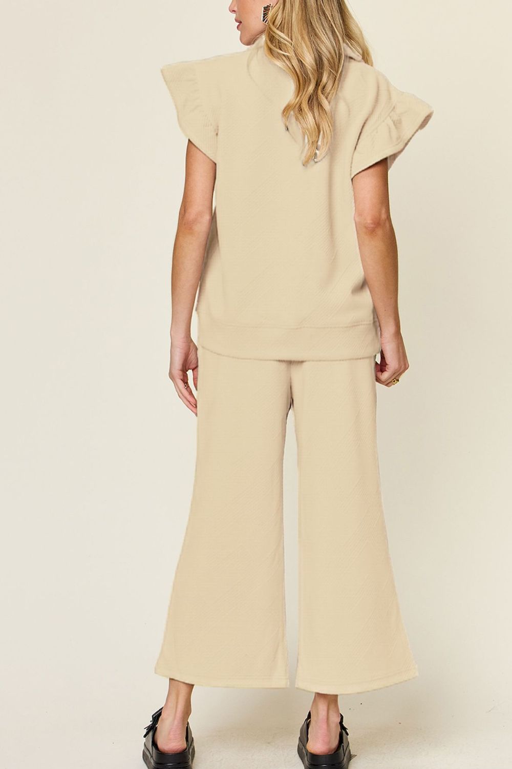 Texture Ruffle Short Sleeve Top and Drawstring Wide Leg Pants Set