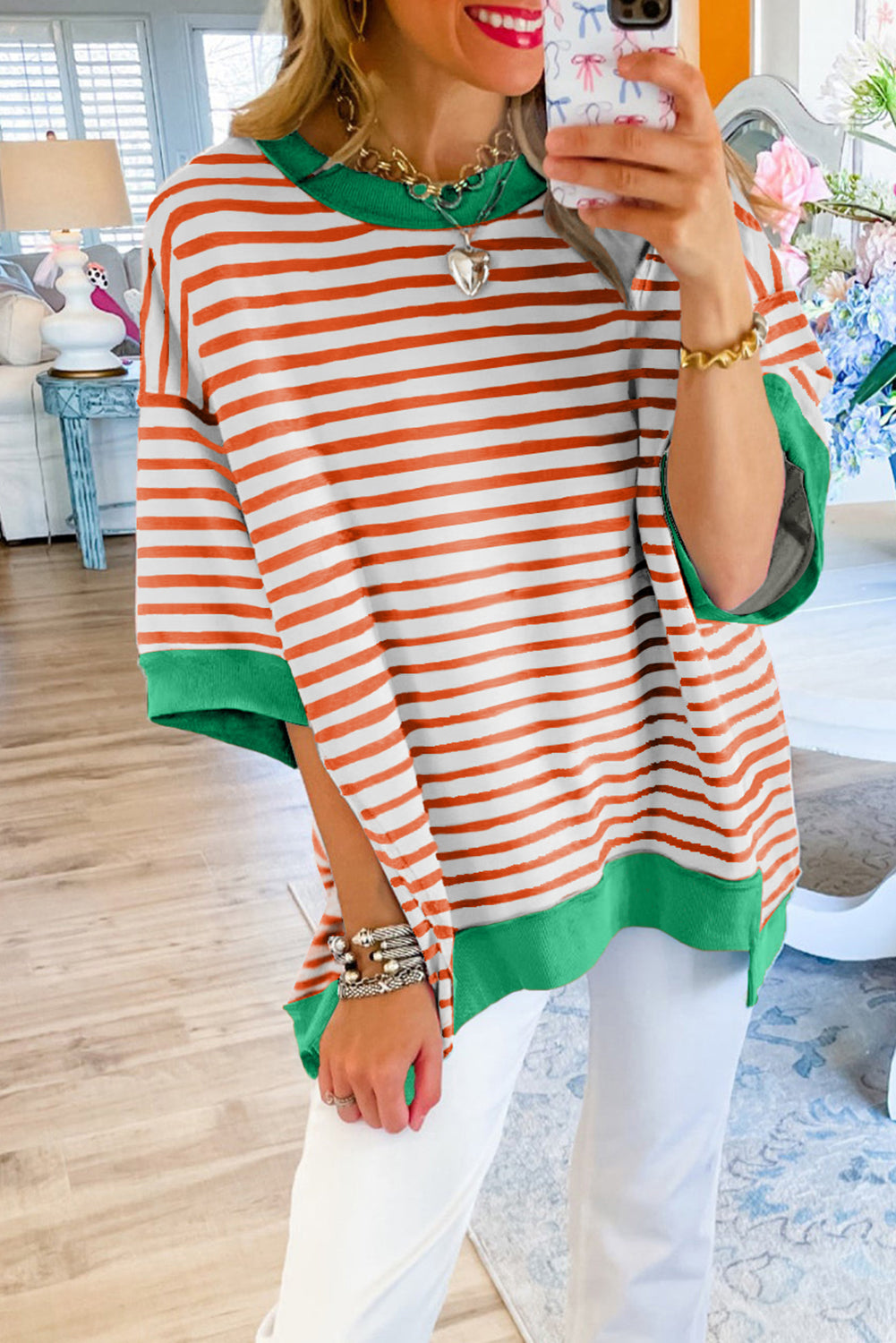 Orange Striped Contrast Trim Drop Sleeve Loose Top