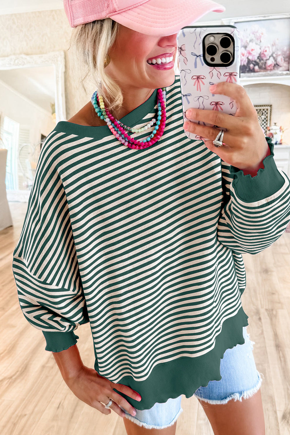 Pink Stripe Drop Shoulder Long Sleeve Top