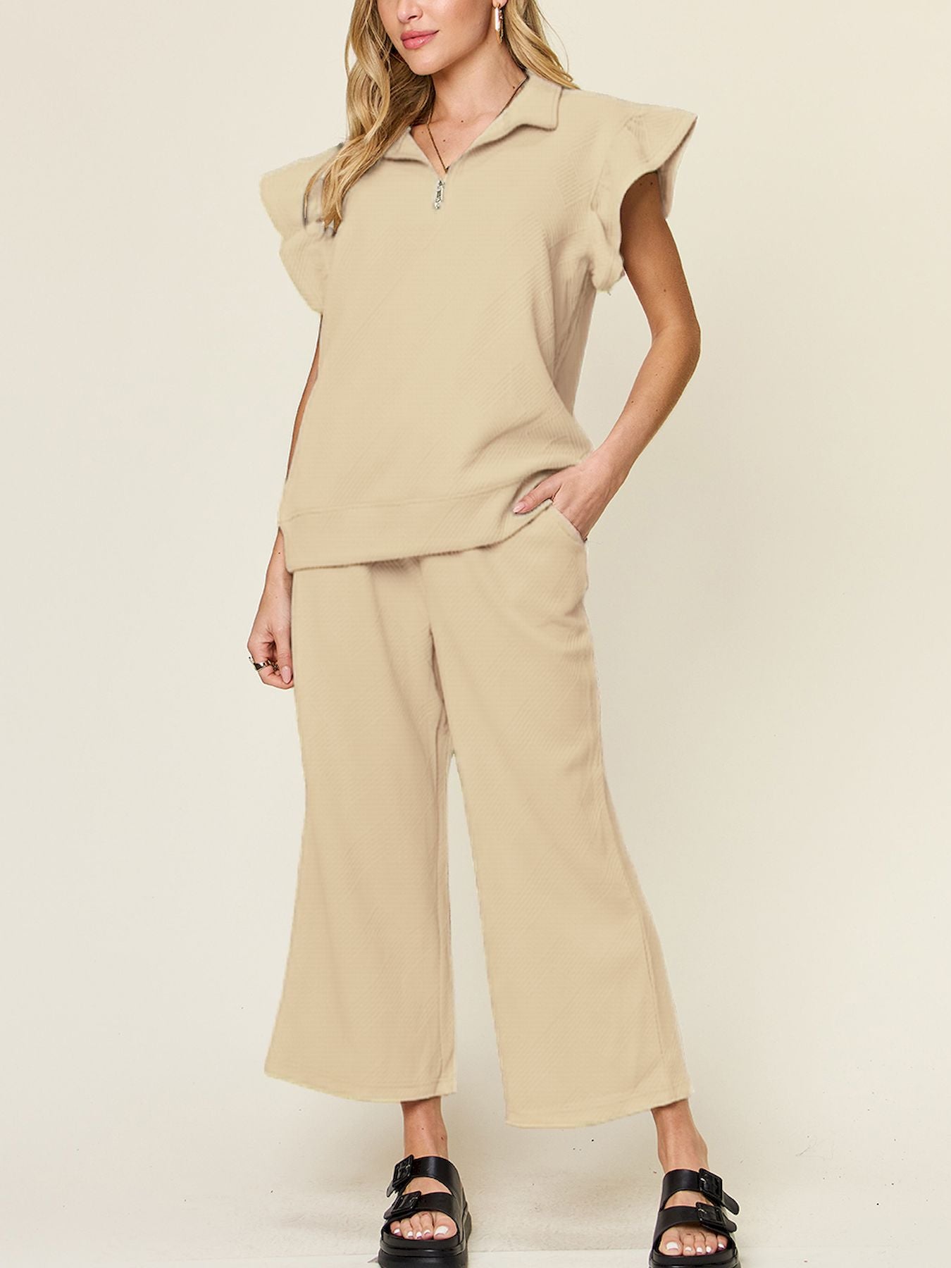 Texture Ruffle Short Sleeve Top and Drawstring Wide Leg Pants Set