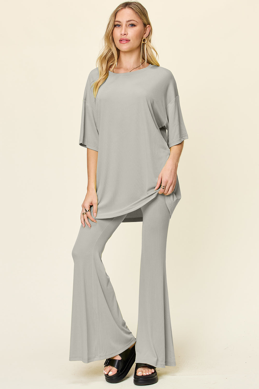 Drop Shoulder T-Shirt and Flare Pants Set