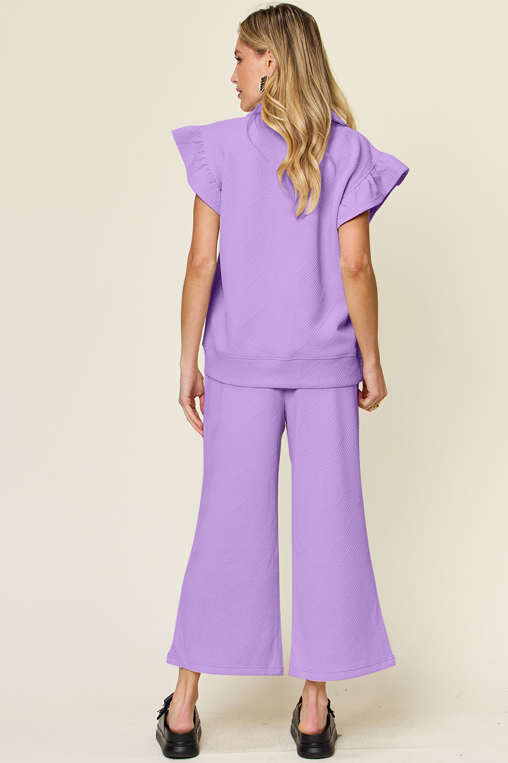 Texture Ruffle Short Sleeve Top and Drawstring Wide Leg Pants Set