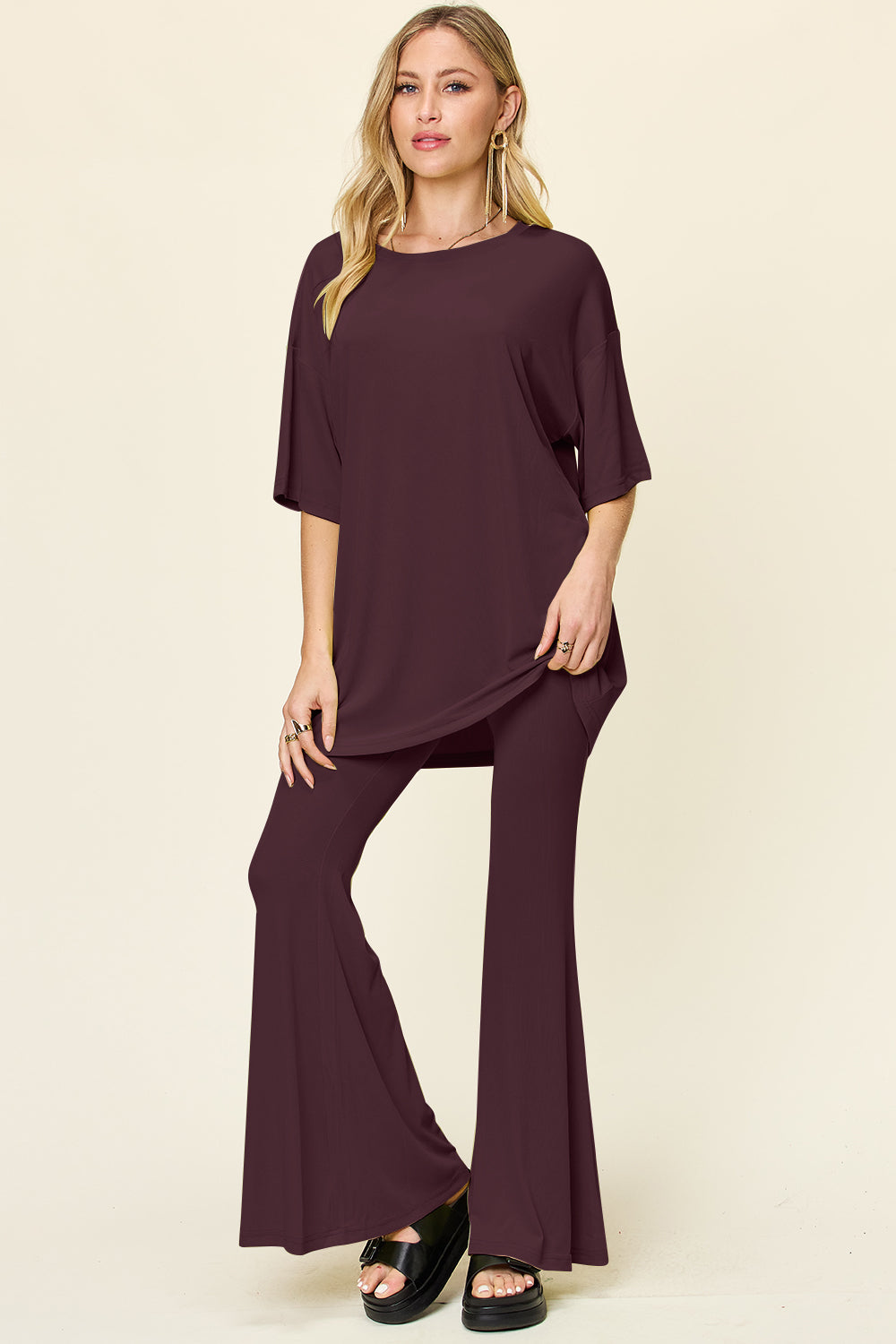 Drop Shoulder T-Shirt and Flare Pants Set