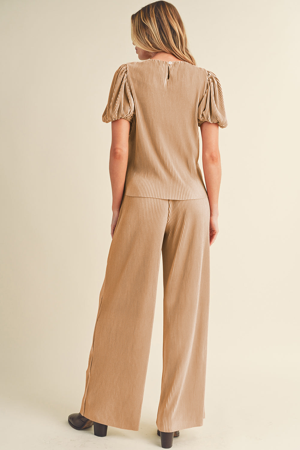 Clay Ribbed Short Puff Sleeve Top and Wide Leg Pants Set