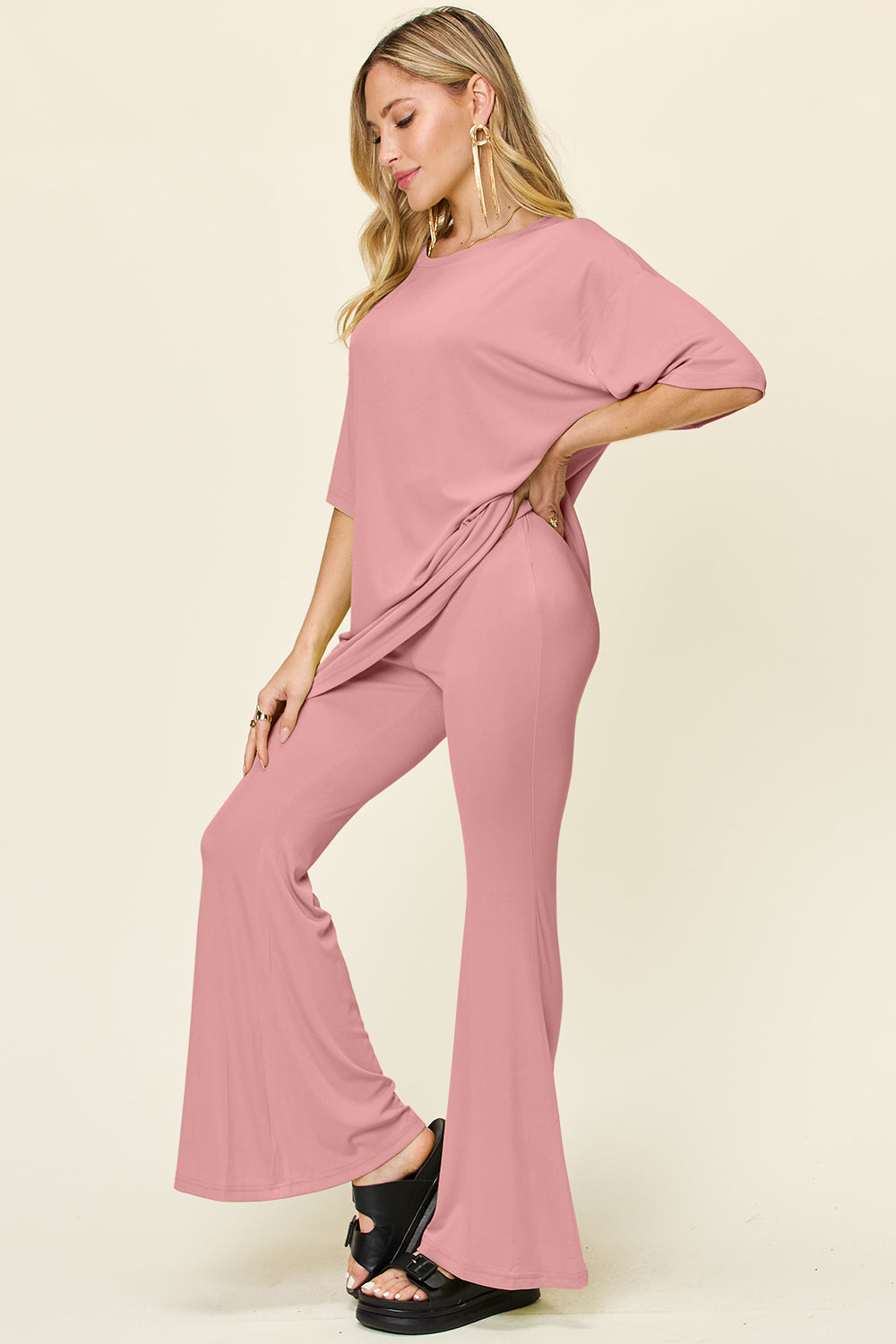 Drop Shoulder T-Shirt and Flare Pants Set