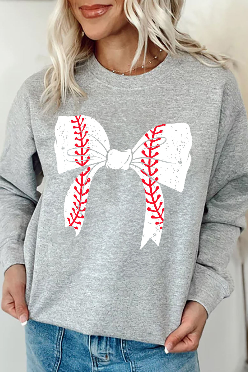 Gray Baseball Bow Knot Graphic Round Neck Sweatshirt