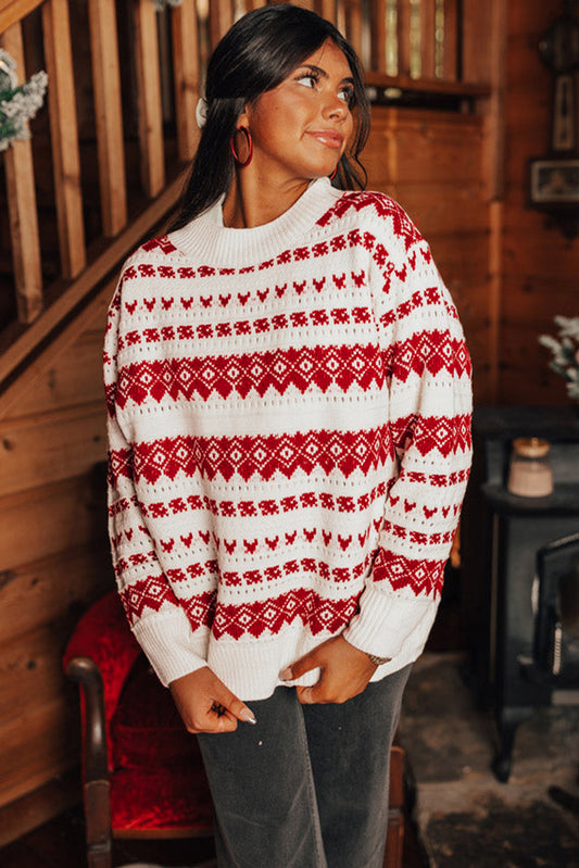 White Geometric Patterned Crew Neck Loose Sweater