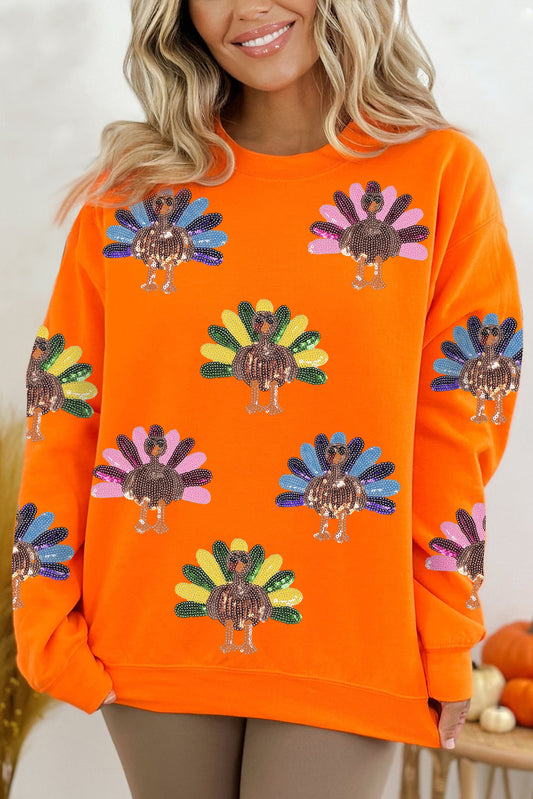 Orange Colorful Sequin Turkey Thanksgiving Sweatshirt