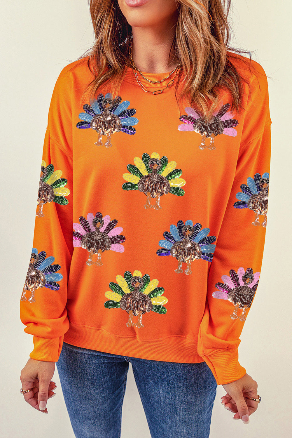 Orange Colorful Sequin Turkey Thanksgiving Sweatshirt