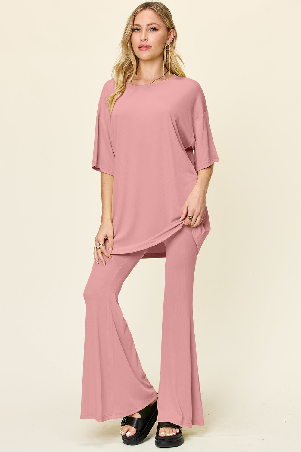 Drop Shoulder T-Shirt and Flare Pants Set