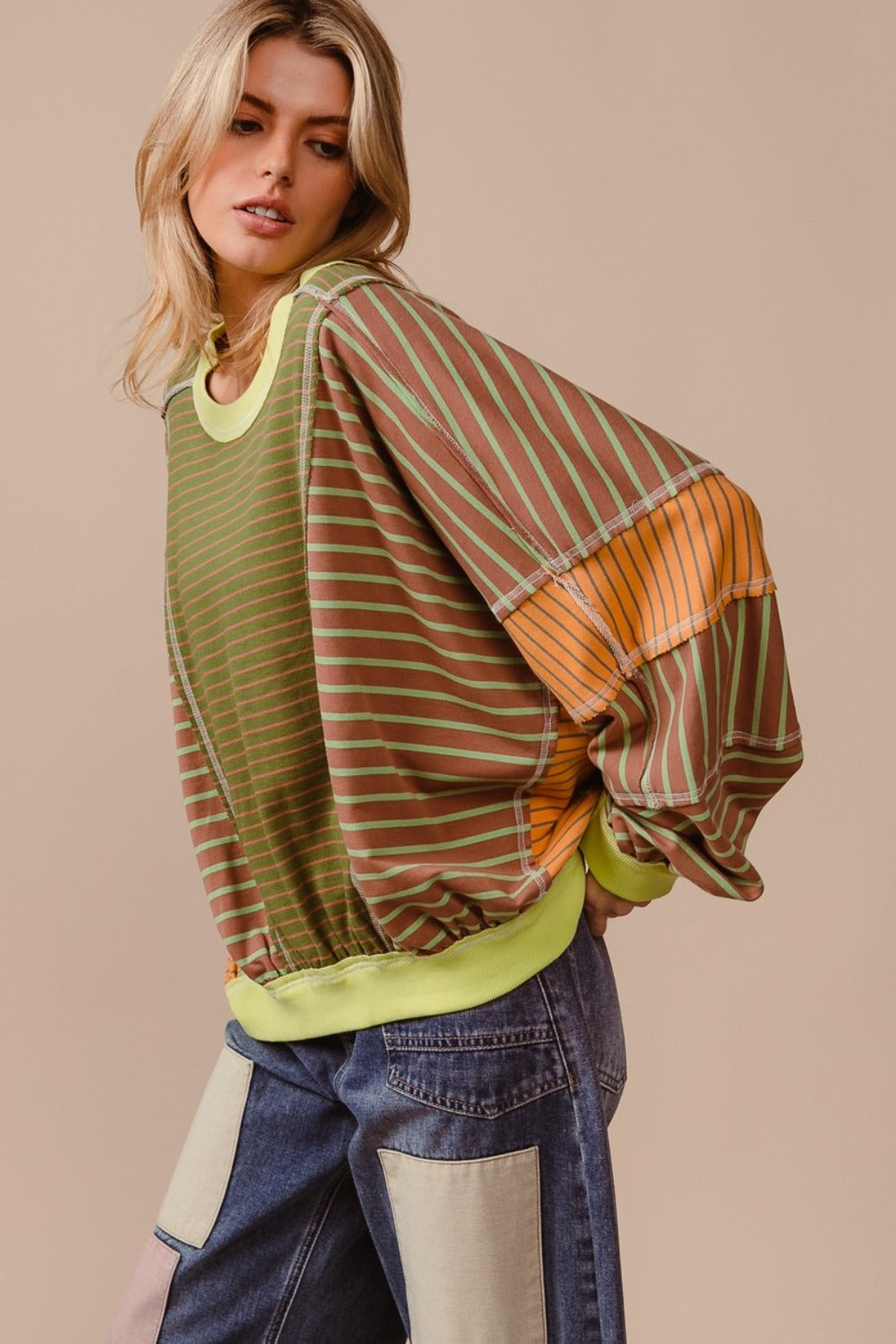 BiBi Color Block Striped Round Neck Sweatshirt